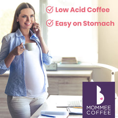 Mommee Coffee open bag with scoop, illustrating convenient ground format