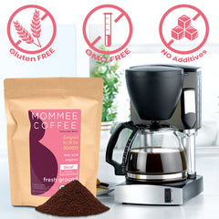 Mommee Coffee poured into cup, showing rich color and appealing aroma