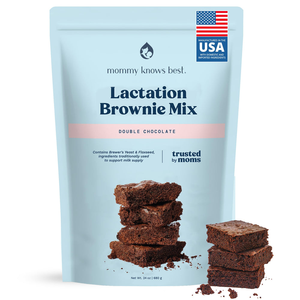 Mommy Knows Best front packaging showing double chocolate lactation brownie mix and benefits