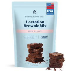 Mommy Knows Best front packaging showing double chocolate lactation brownie mix and benefits