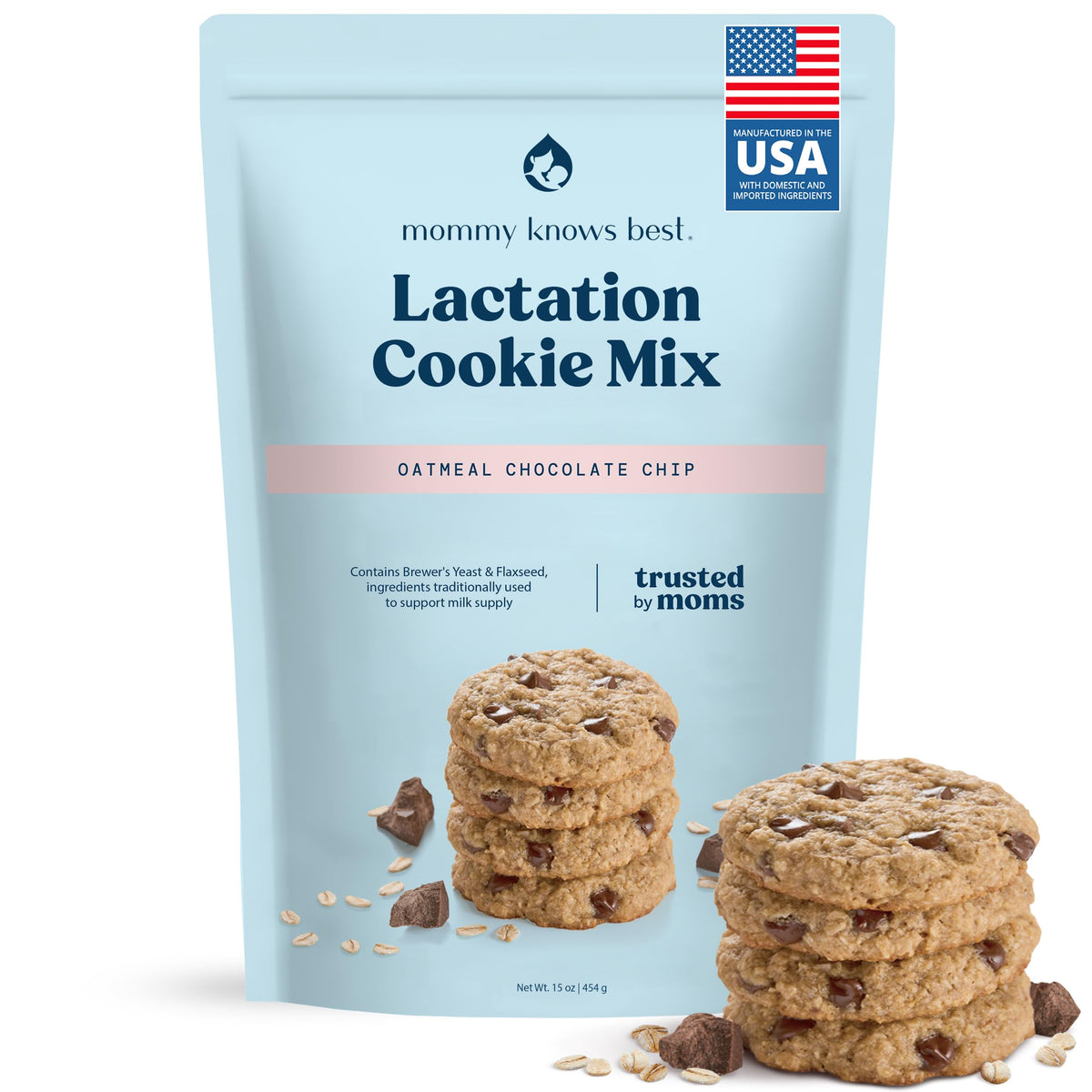 Mommy Knows Best front packaging showing chocolate chip mix and simple baking benefit