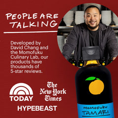 Momofuku tamari label closeup highlighting organic, gluten-free credentials