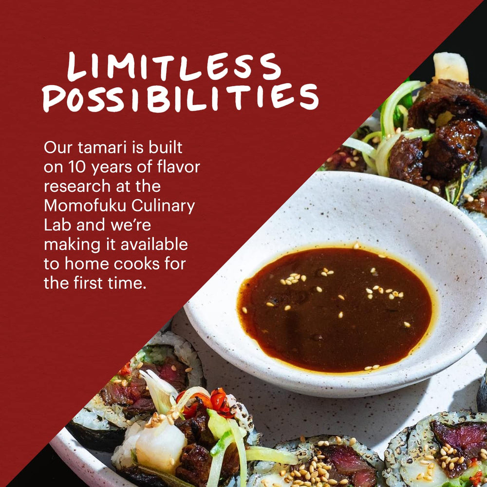 Momofuku tamari next to a measuring spoon demonstrating 8-ounce scale