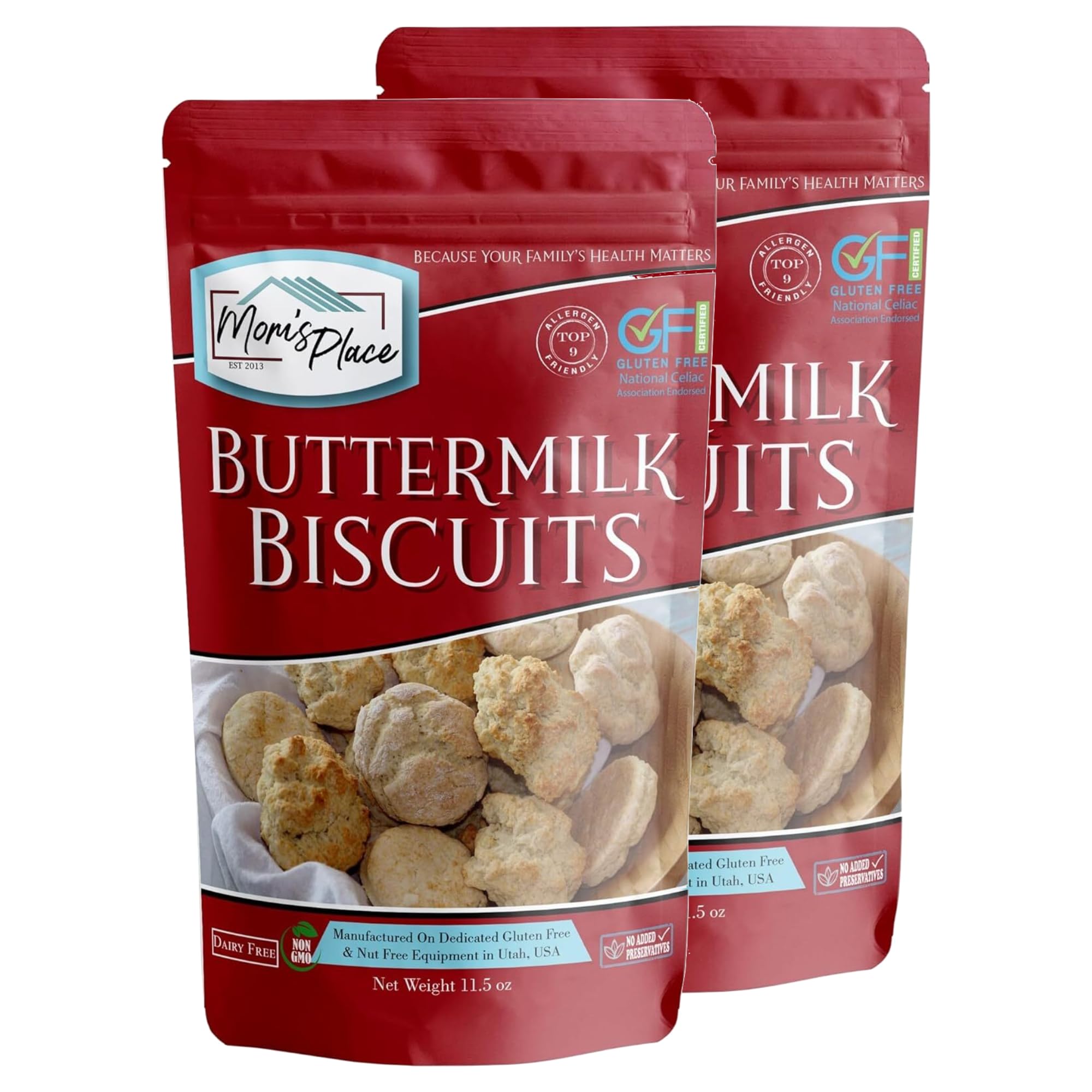 Mom's Place front pack showing allergen-free mix for quick, fluffy biscuits