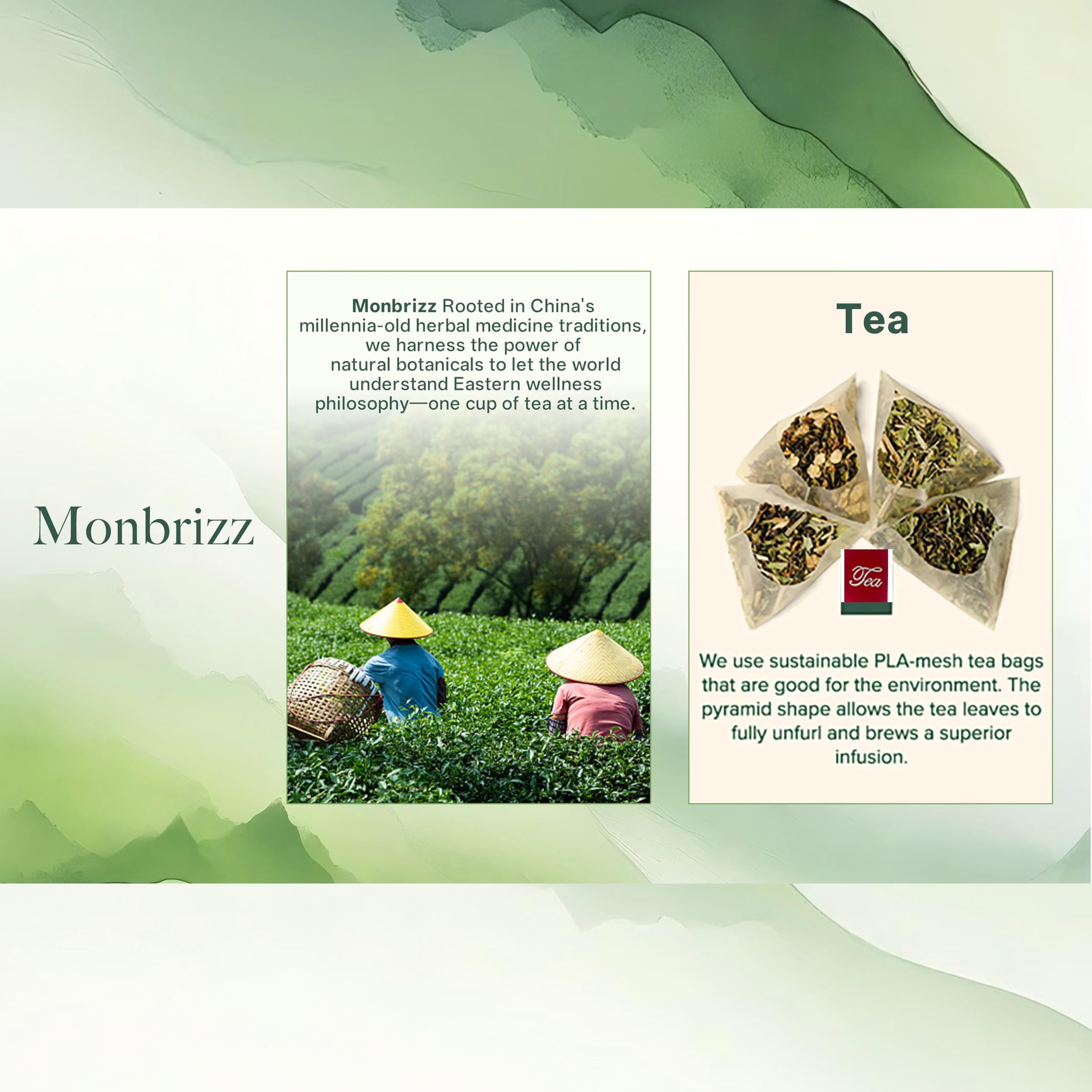 Monbrizz ingredient label close-up listing herbs, emphasizes premium sourcing