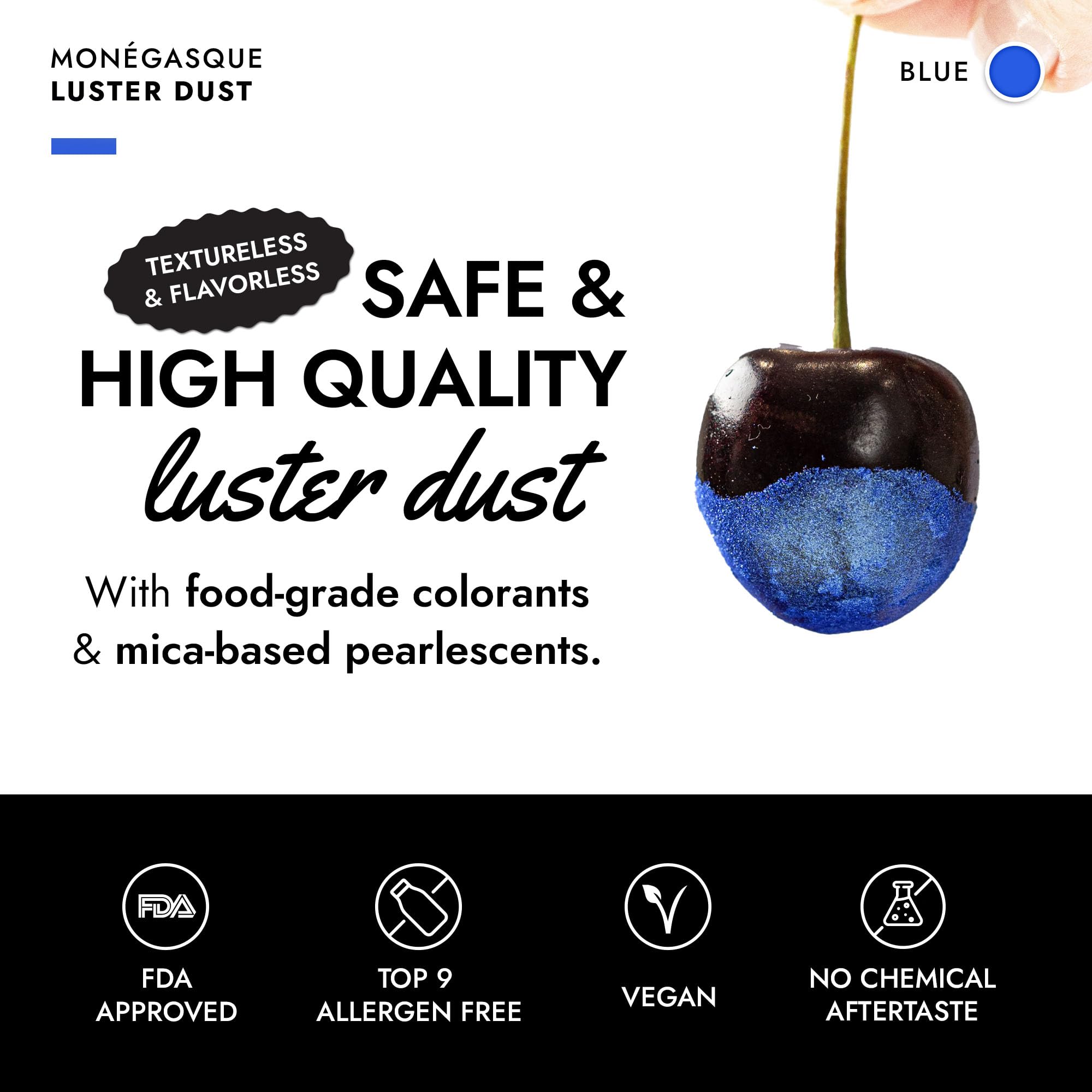MONÉGASQUE blue fine powder close-up highlighting smooth texture and blendability