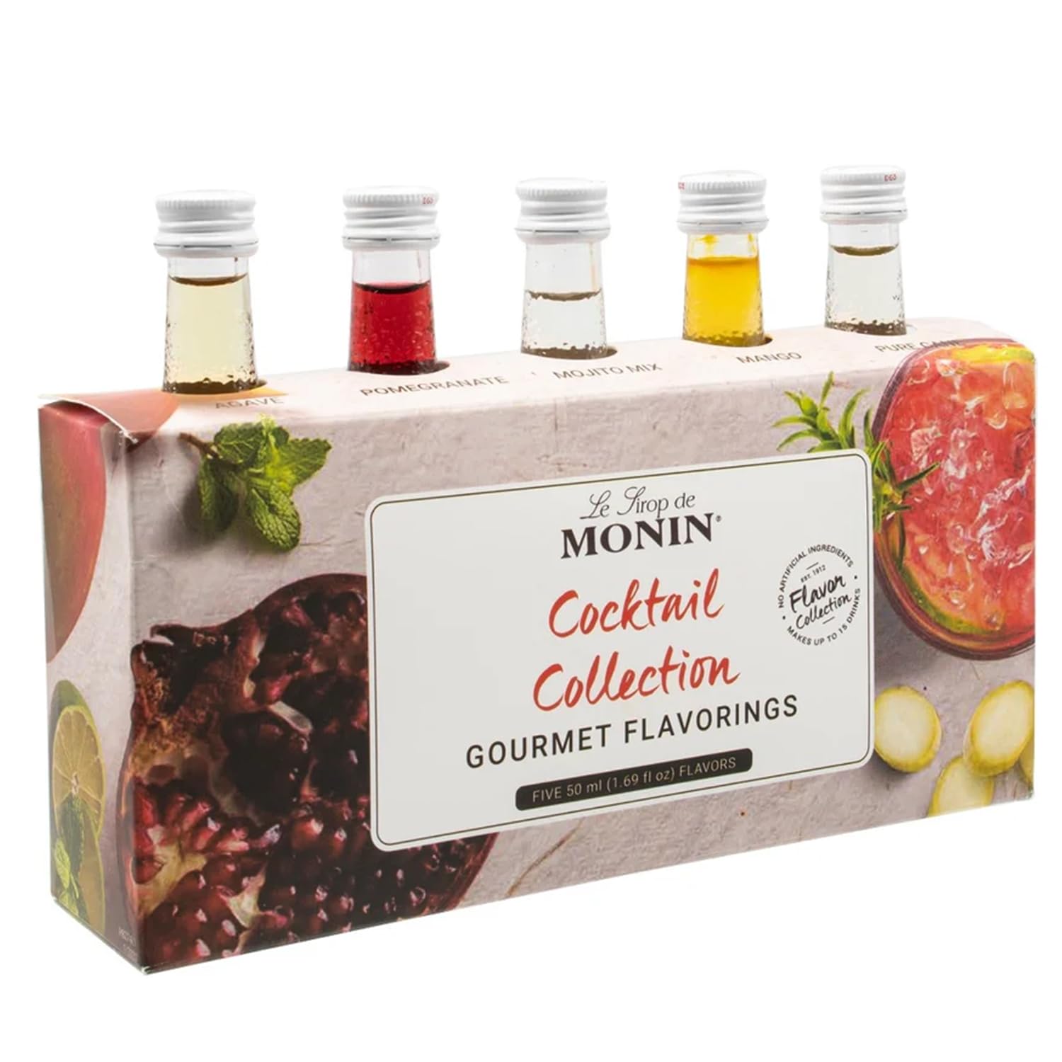 Monin front packaging showing five 50ml bottles and sampler benefit