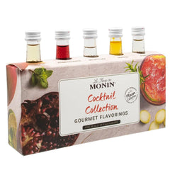 Monin front packaging showing five 50ml bottles and sampler benefit