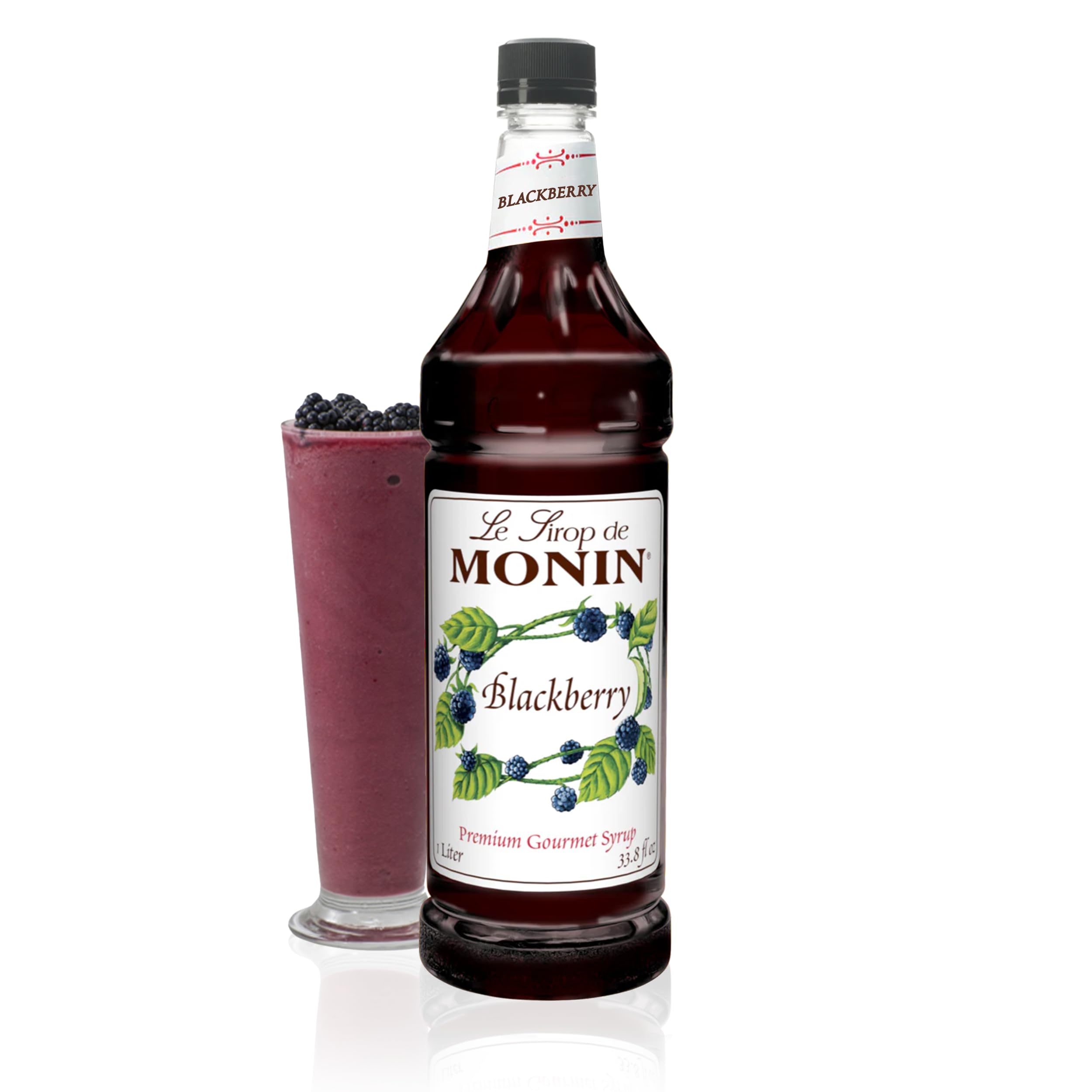 Monin bottle front view showing blackberry syrup and brand for vibrant drinks