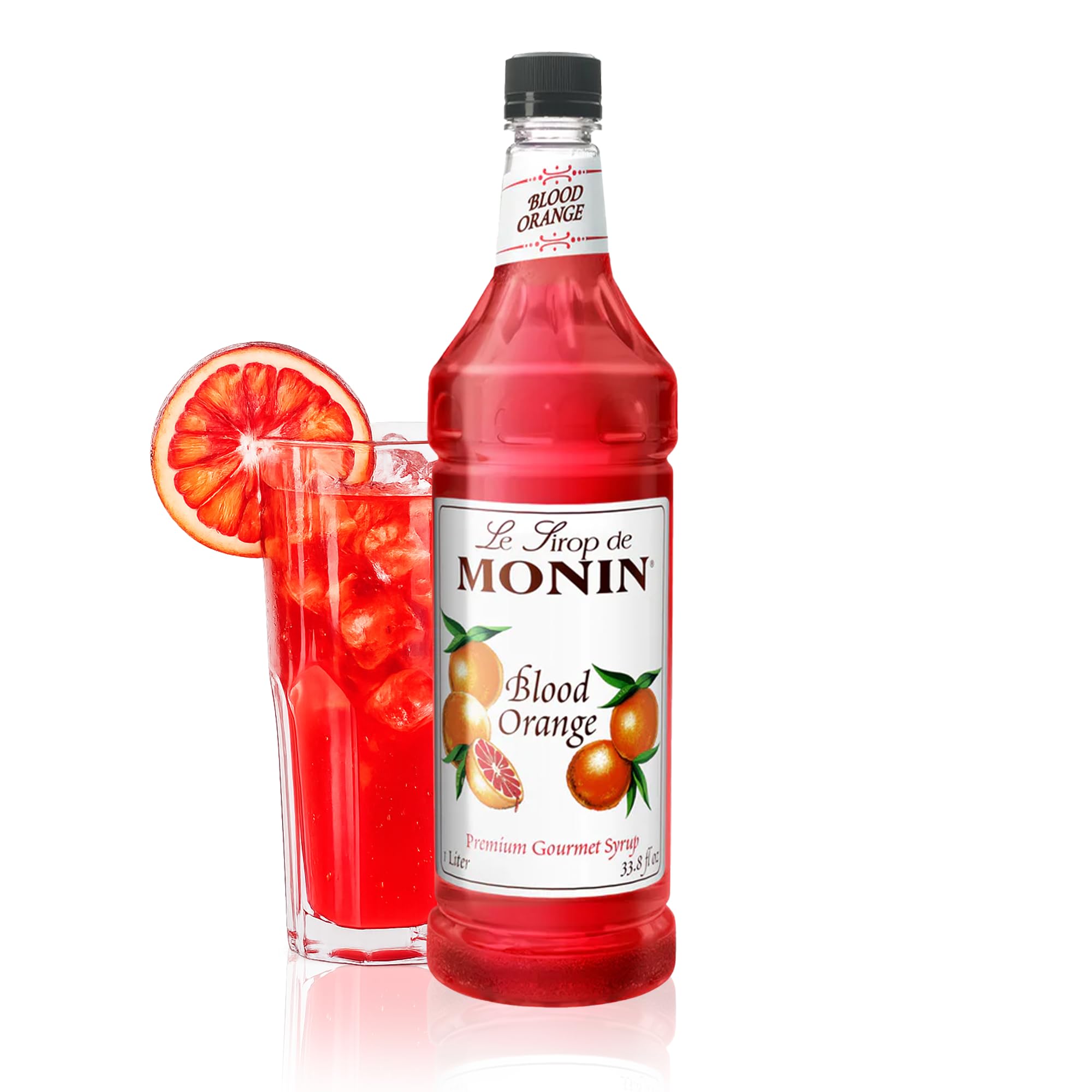 Monin blood orange syrup front bottle showing product and red color benefit