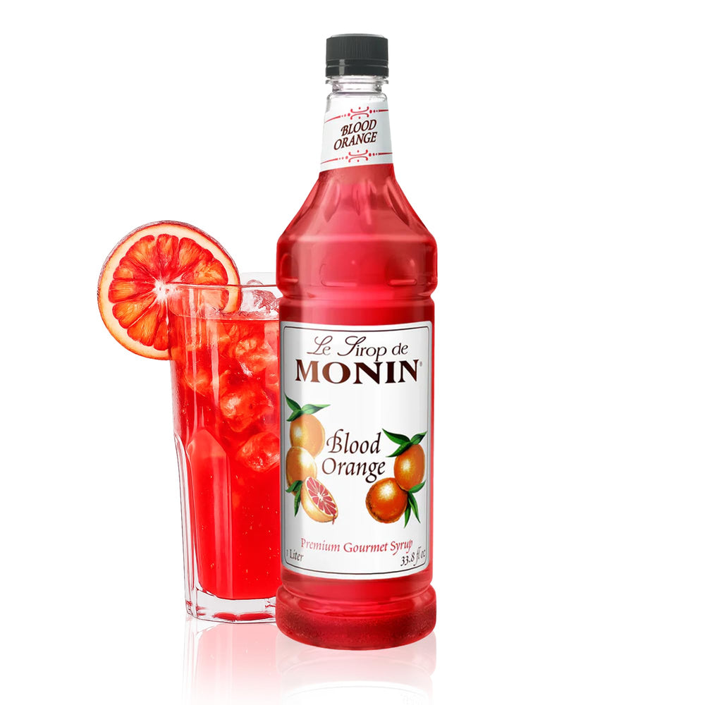 Monin blood orange syrup front bottle showing product and red color benefit