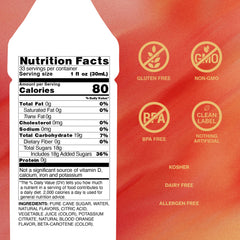 Label close-up on Monin blood orange bottle highlighting ingredients and quality benefit