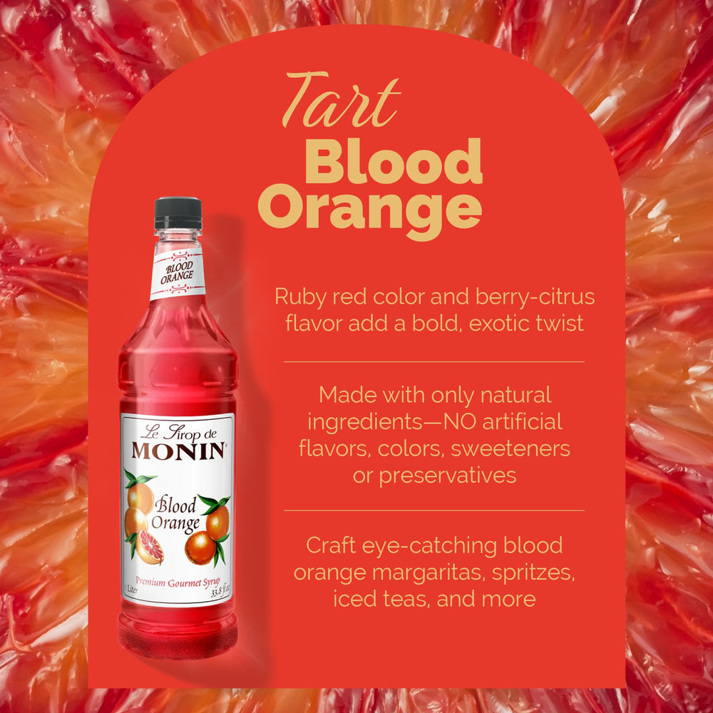 Pouring Monin blood orange syrup into glass showing smooth mixability benefit