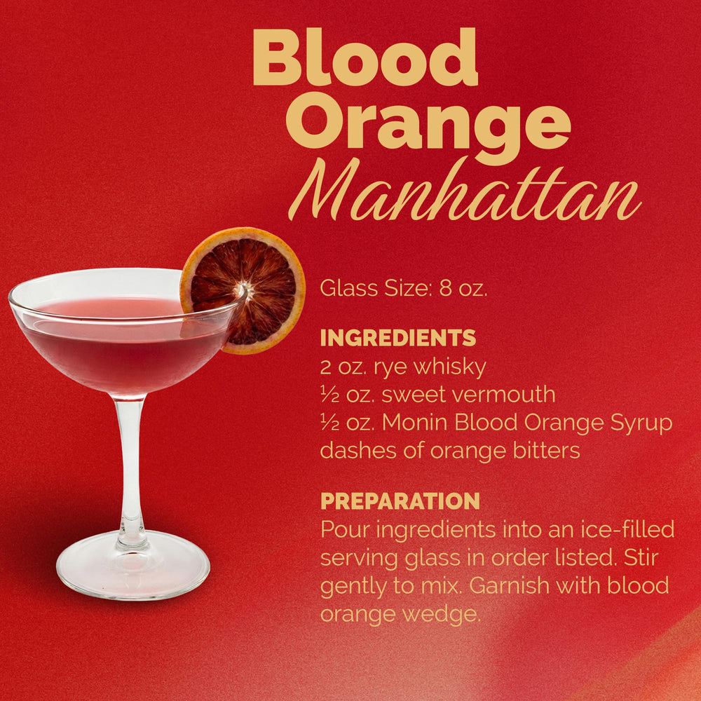 One-liter Monin blood orange bottle beside a glass for scale showing volume benefit