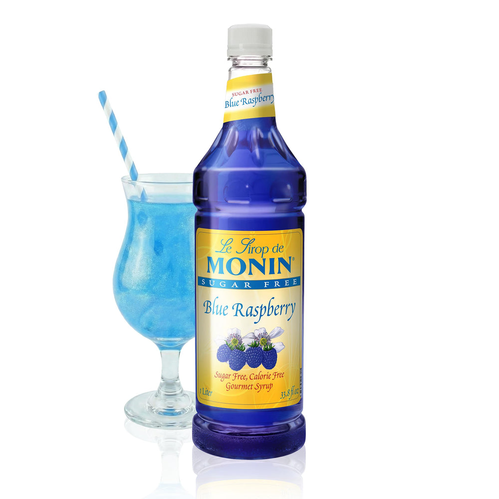 Monin sugar free blue raspberry bottle front showing label and BPA-free benefit