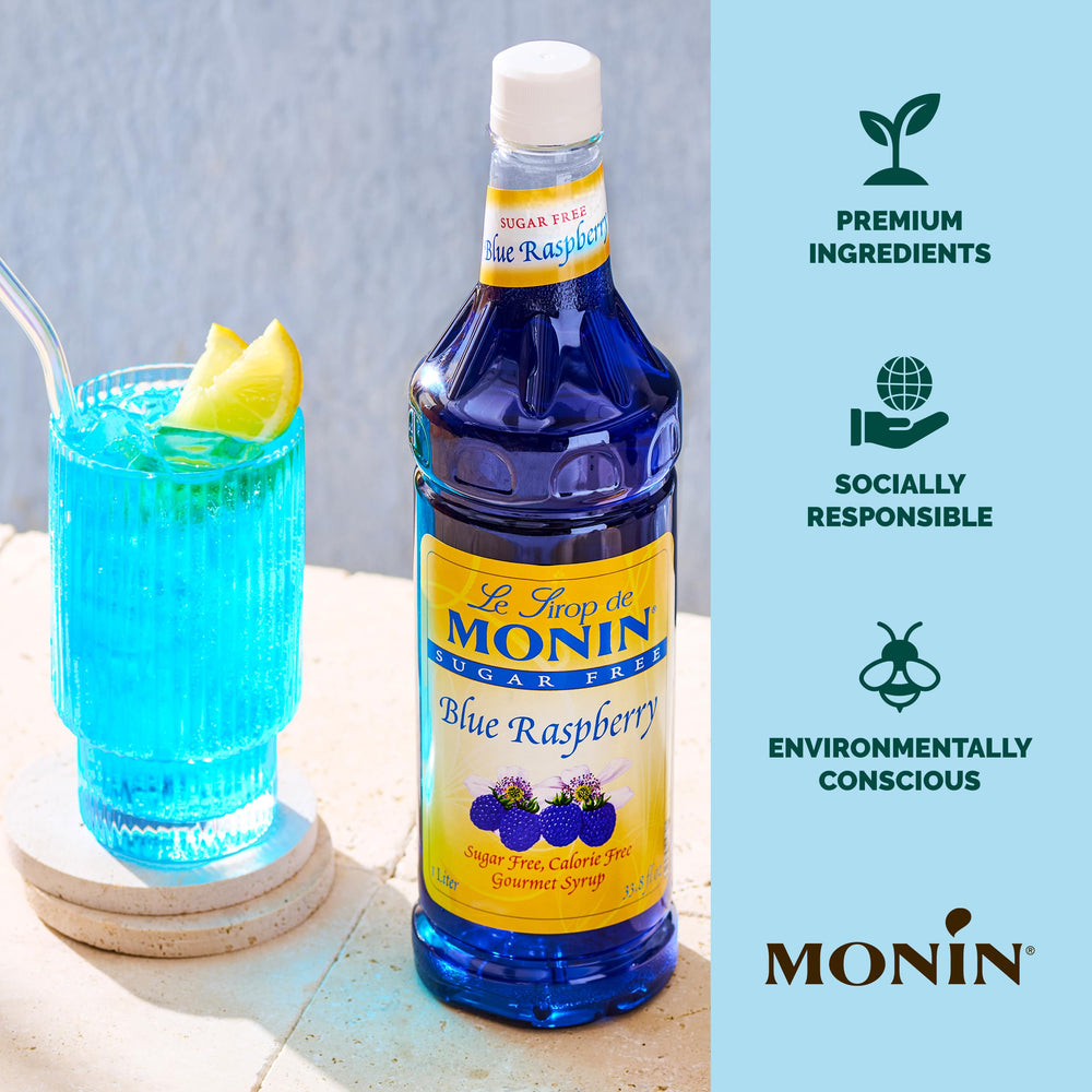 33.8 fl oz Monin bottle beside a glass for size comparison and serving guidance