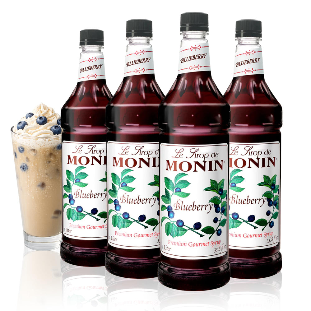 Monin blueberry syrup front packaging showing 1L bottle and vibrant color benefit