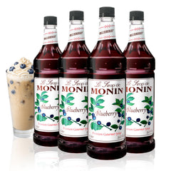 Monin blueberry syrup front packaging showing 1L bottle and vibrant color benefit