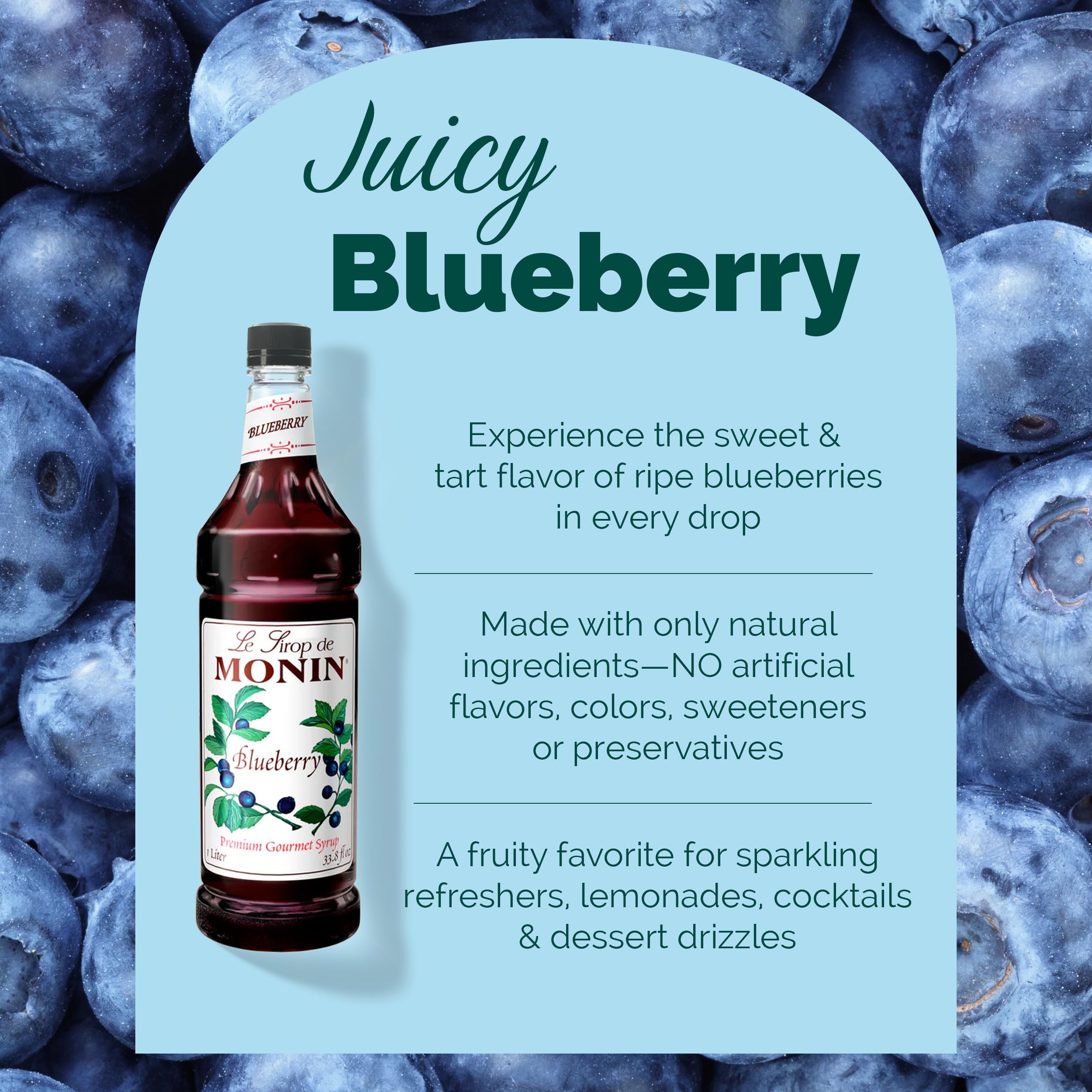 Monin blueberry syrup poured into glass lemonade showing color and flavor boost benefit