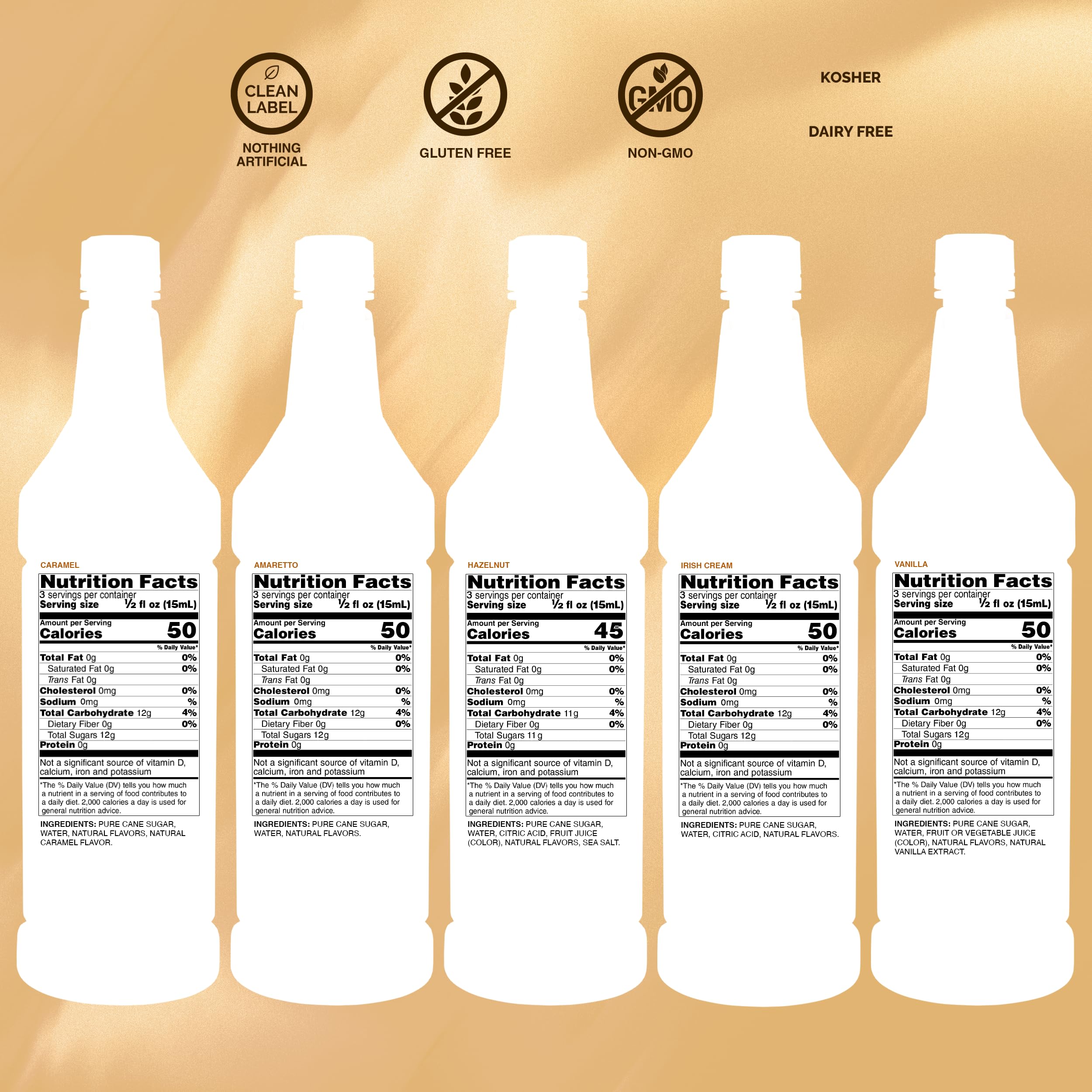 Monin five mini bottles arranged with a glass carafe, showing versatility for home cafés