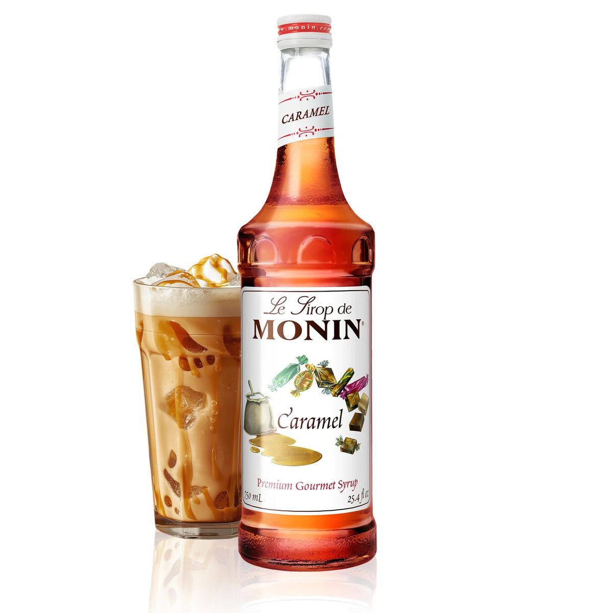 Monin caramel bottle front showing label and 1 liter size, brand assures consistent flavor
