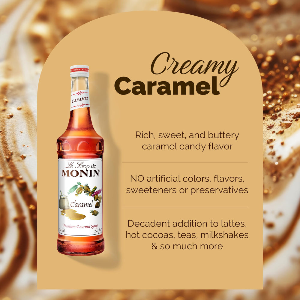 Close-up of Monin caramel syrup texture highlighting rich color and buttery gloss
