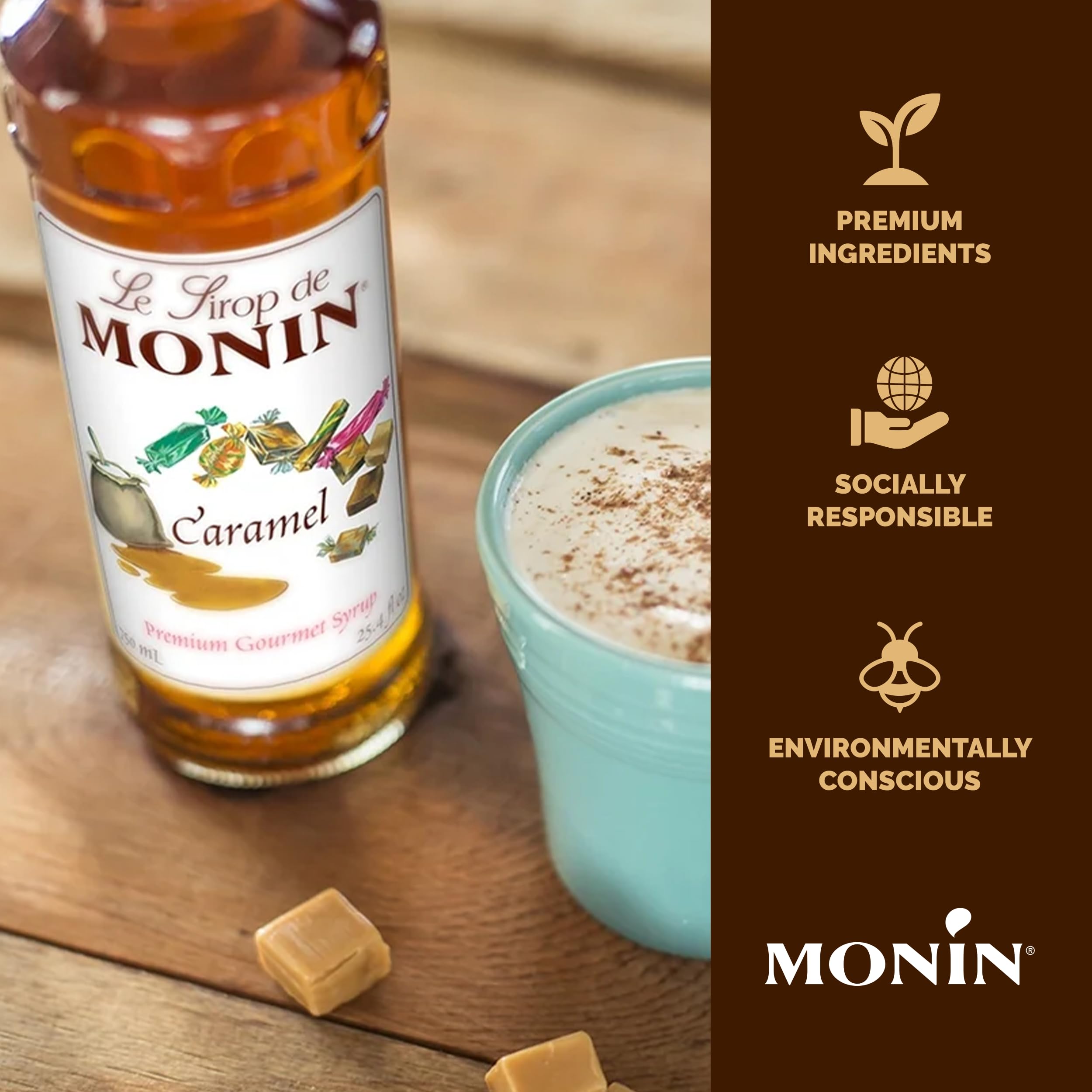 Monin caramel syrup added to a latte demonstrating brand enhancing drink flavor