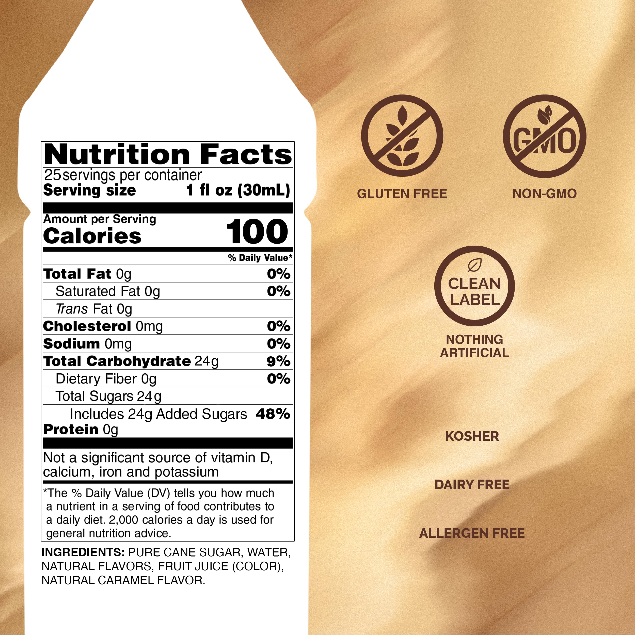 Monin caramel syrup pouring into a glass with smooth flow for easy mixing