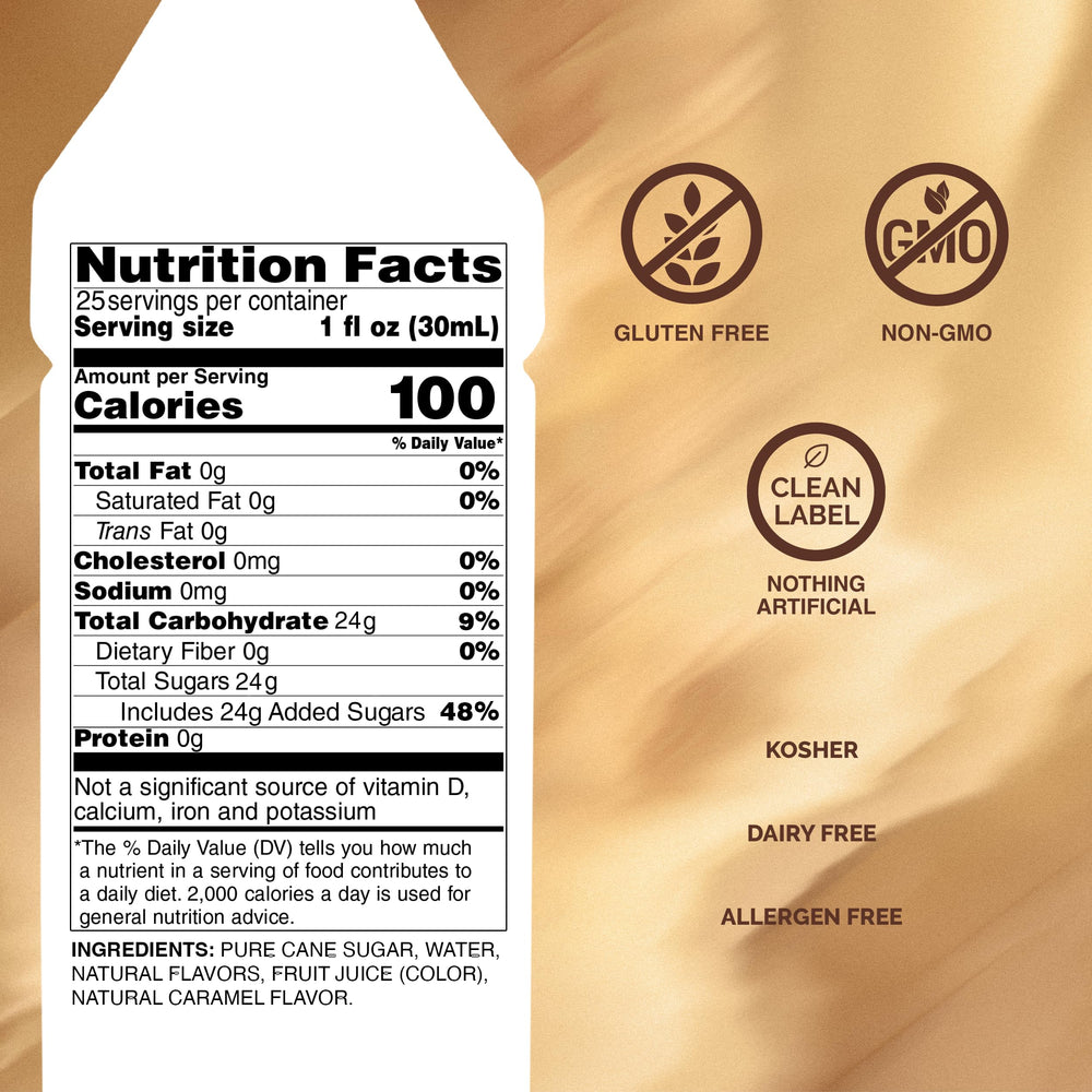 Monin caramel syrup pouring into a glass with smooth flow for easy mixing