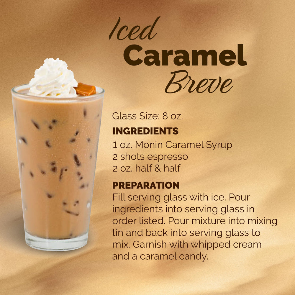 Monin caramel bottle next to a coffee cup showing 1L scale for professional use