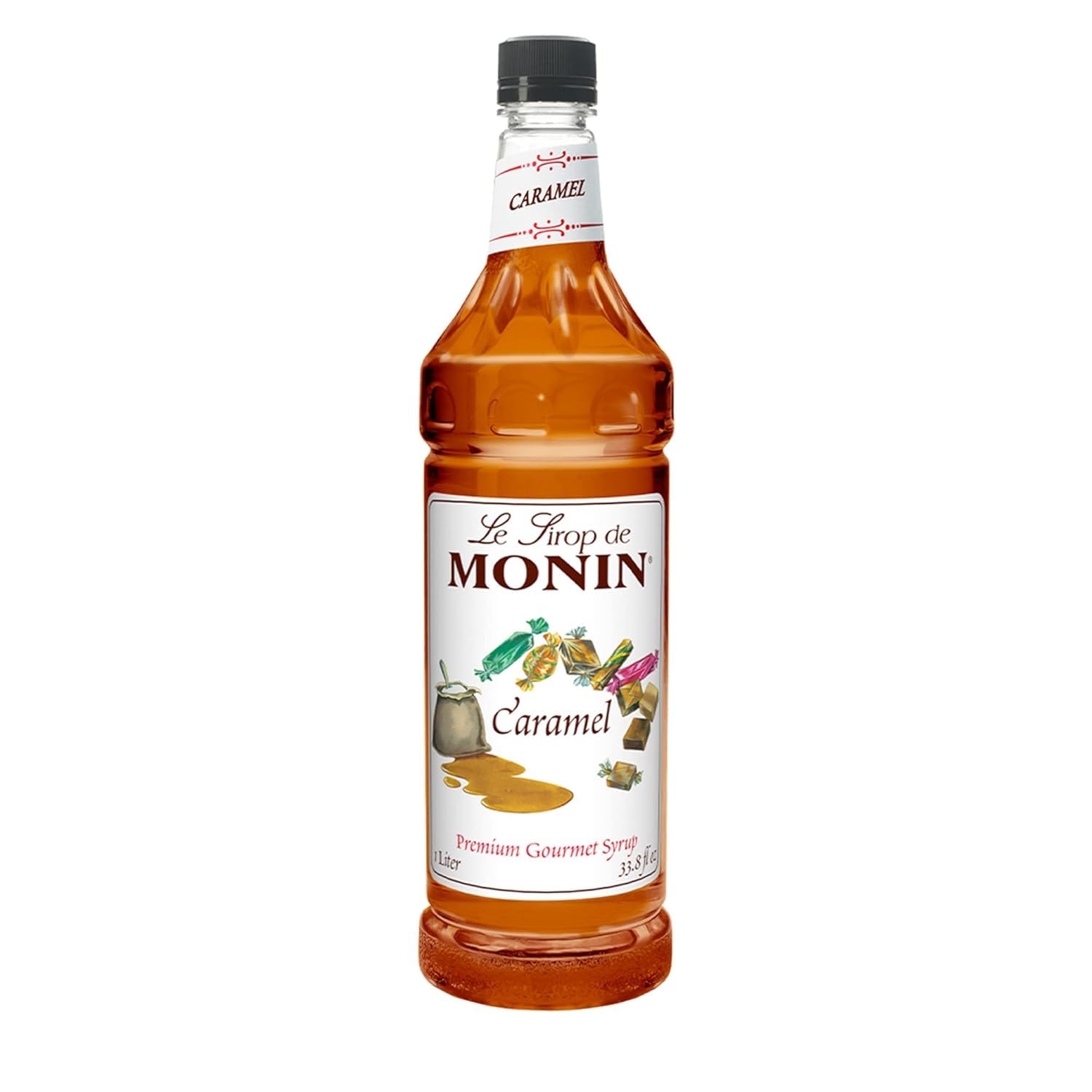 Monin bottle front view showing label and 1L size, clear branding and storage benefit