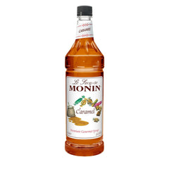 Monin bottle front view showing label and 1L size, clear branding and storage benefit