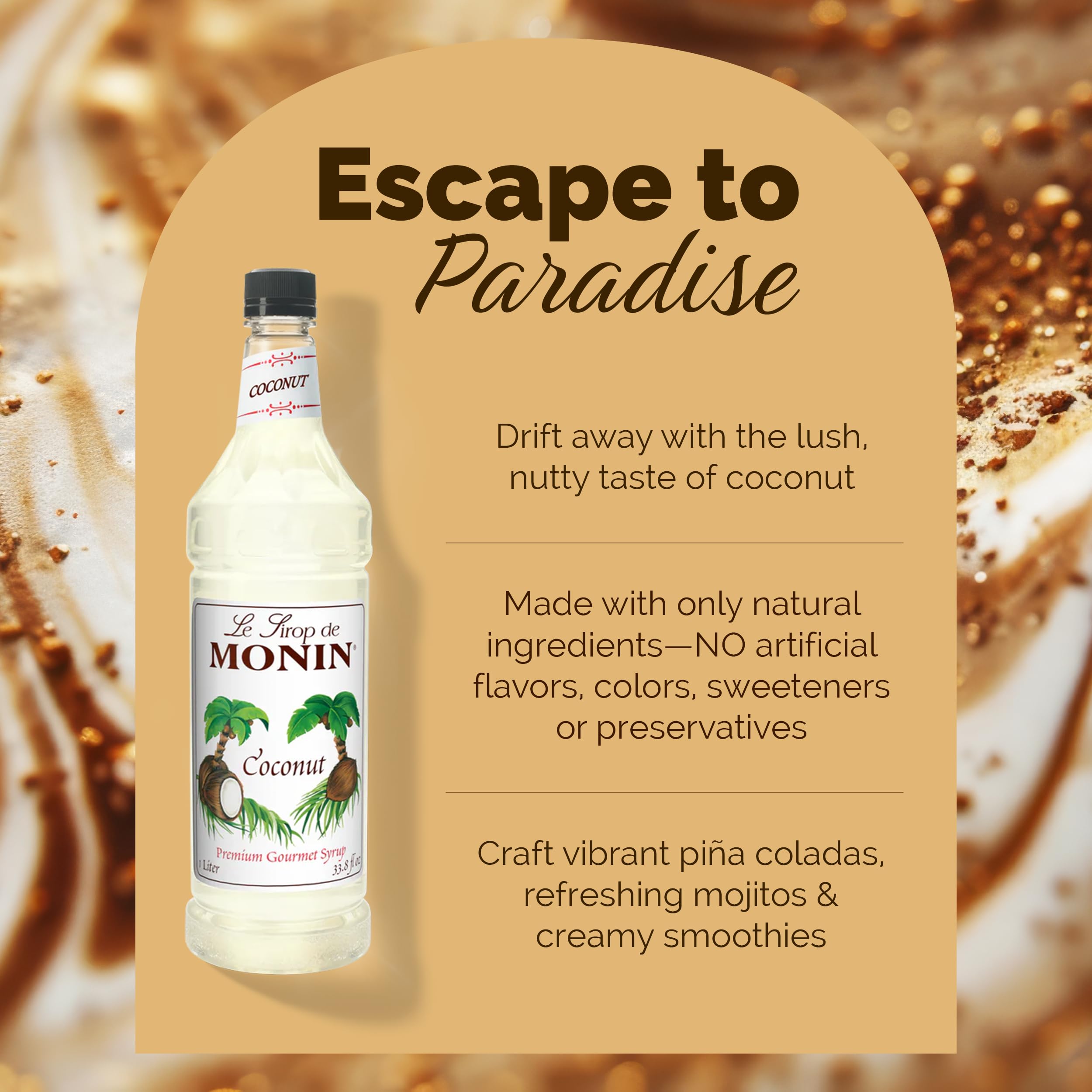 Monin coconut bottle label detail highlighting clean-label ingredients and dietary benefits