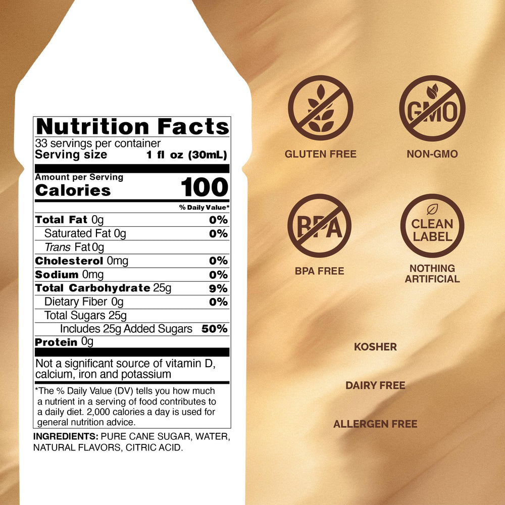 Monin coconut bottle top label close-up highlighting brand and clean-label certification benefits