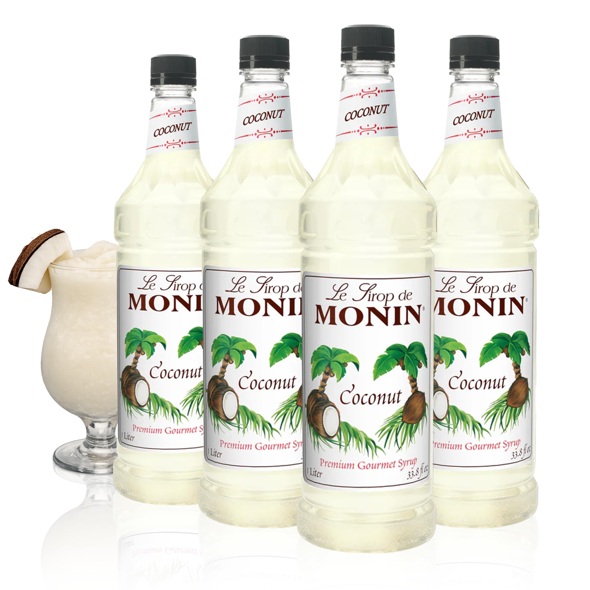 Monin coconut front packaging showing bottle and clear label for easy identification and shelf appeal