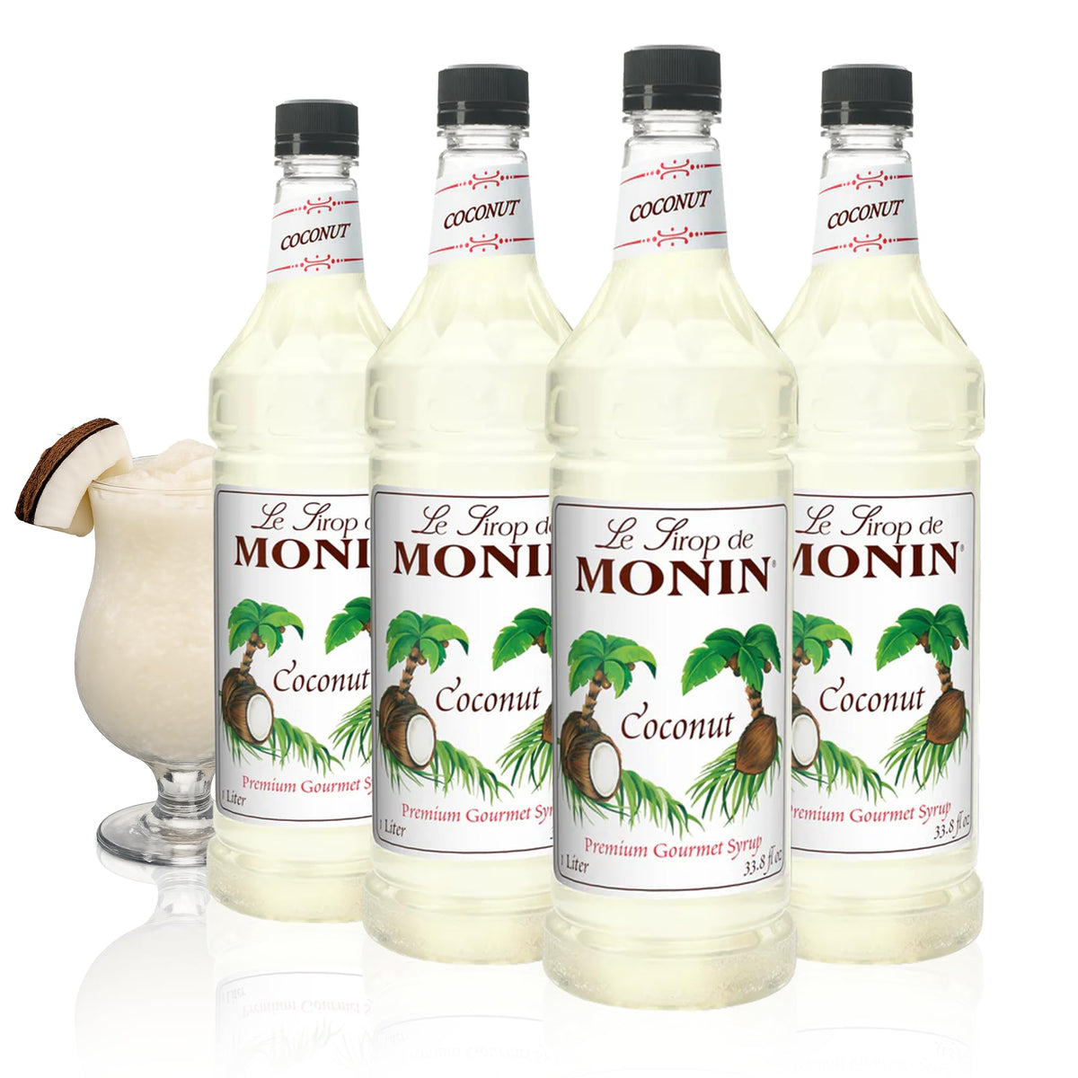 Monin coconut front packaging showing bottle and clear label for easy identification and shelf appeal