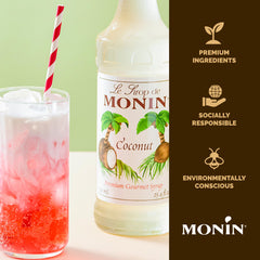 Monin coconut syrup added to iced coffee showcasing tropical flavor boost and visual appeal