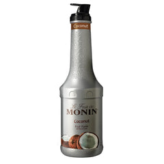 Monin bottle front view showing coconut puree label and usable 1L size benefit