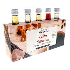 Monin coffee variety pack front view showing five 50 ml bottles and labeling, easy flavor testing