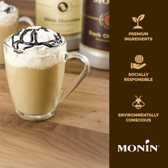Scoop of vanilla ice cream drizzled with Monin sauce, brand adding gourmet finishing touch