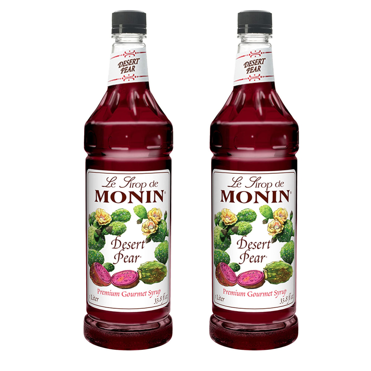 Monin Desert Pear front packaging showing vibrant bottle and brand benefits