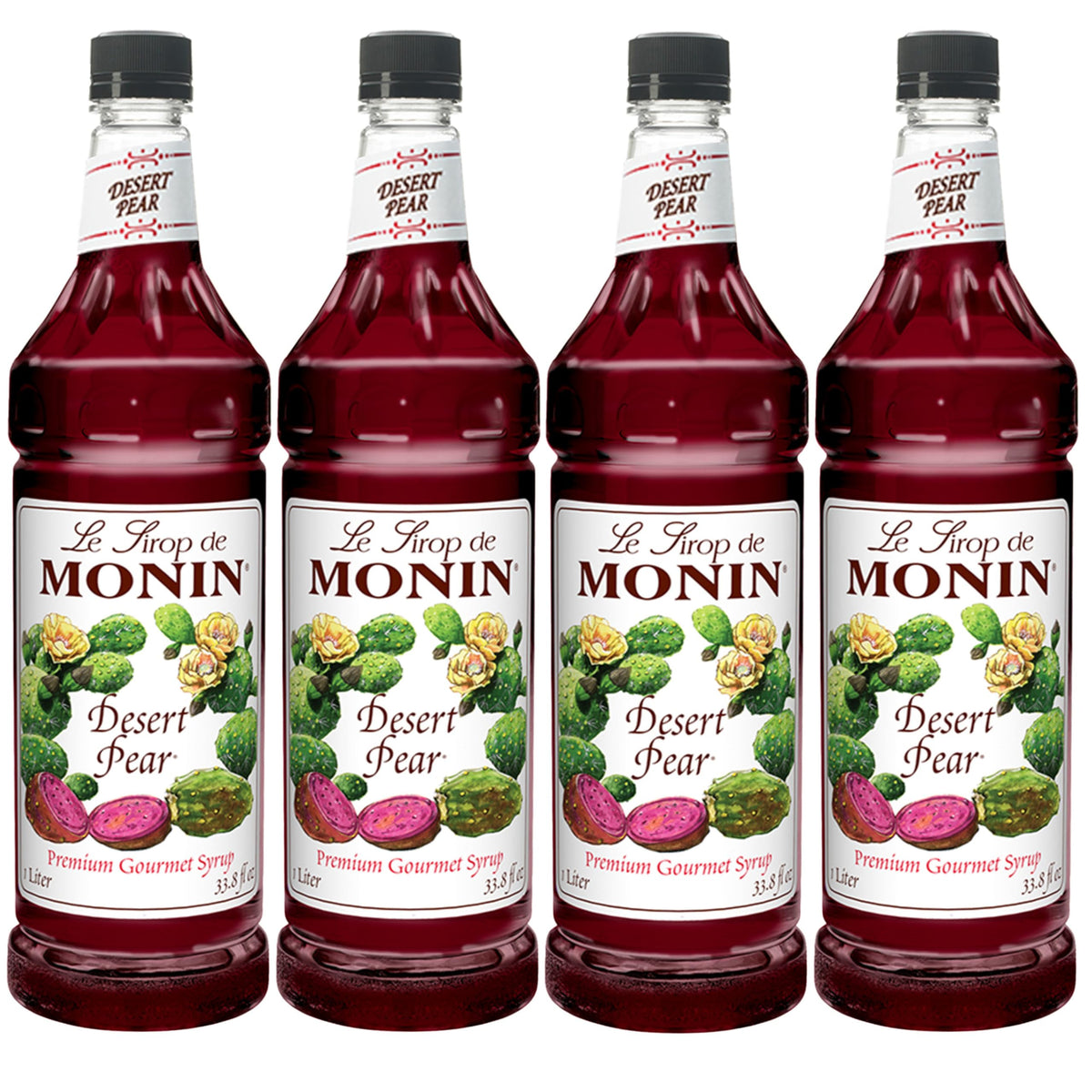 Monin Desert Pear front packaging bright fuschia syrup in 1L bottle shows label and pack of four