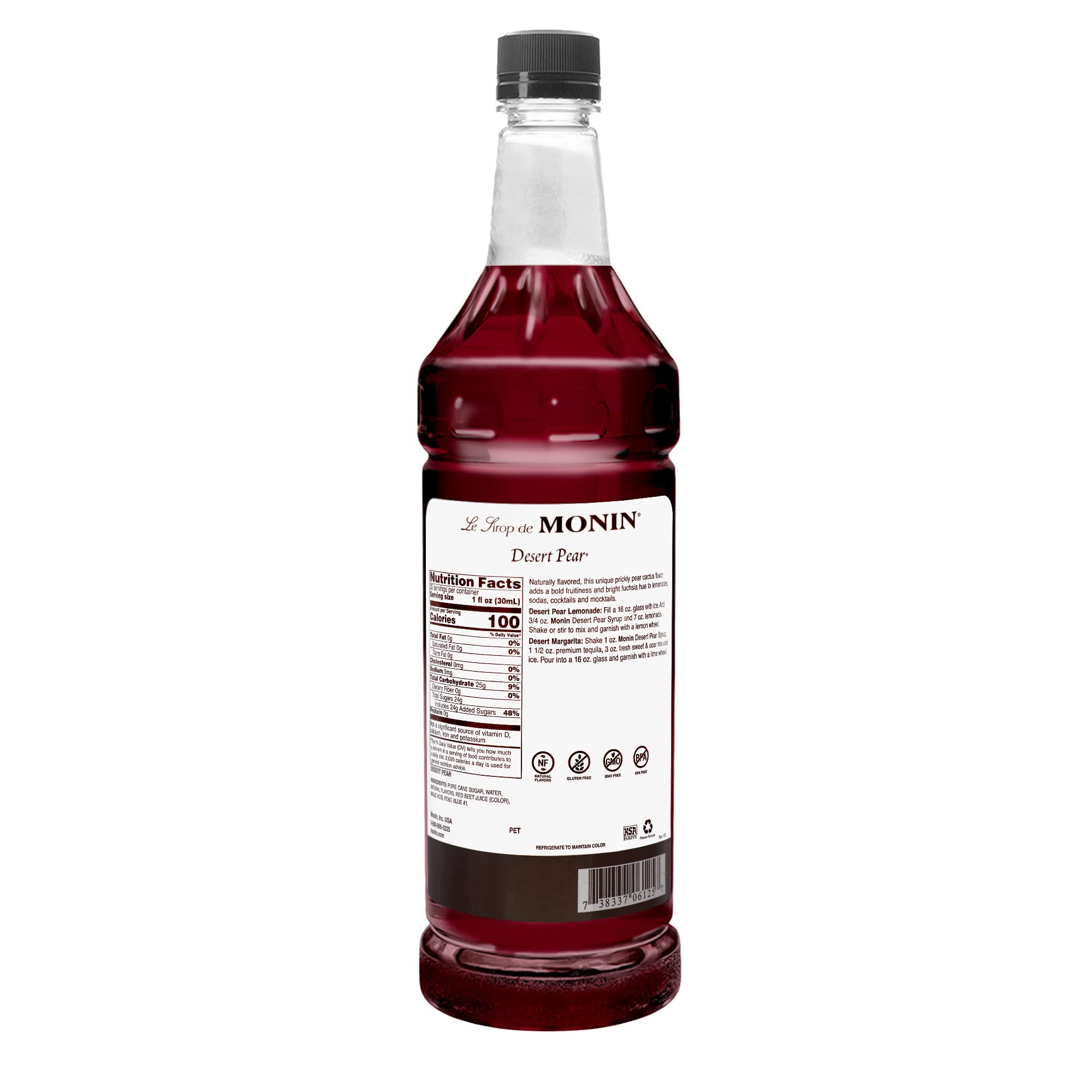 Close-up of Monin Desert Pear label highlighting ingredients and non-GMO note