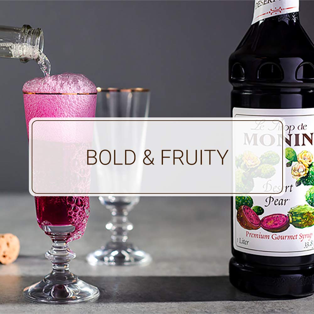Stream of Monin Desert Pear syrup pouring into a glass for precise dosing