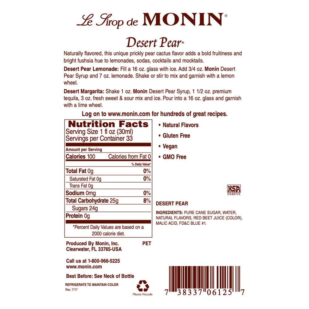 Monin Desert Pear recyclable box and BPA-free bottle highlighting eco benefits