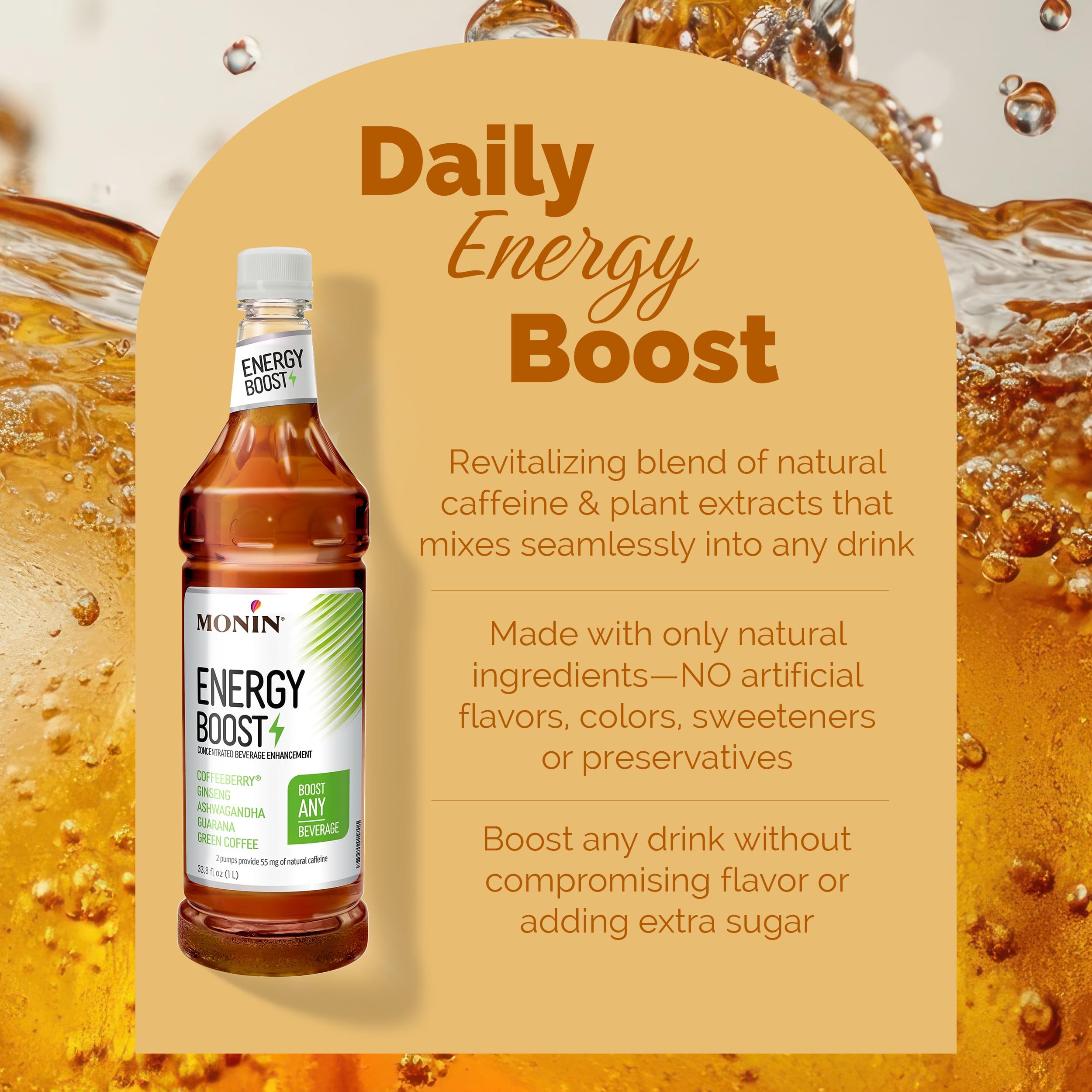 Close-up of Monin Energy Boost texture and clarity highlighting clean ingredients