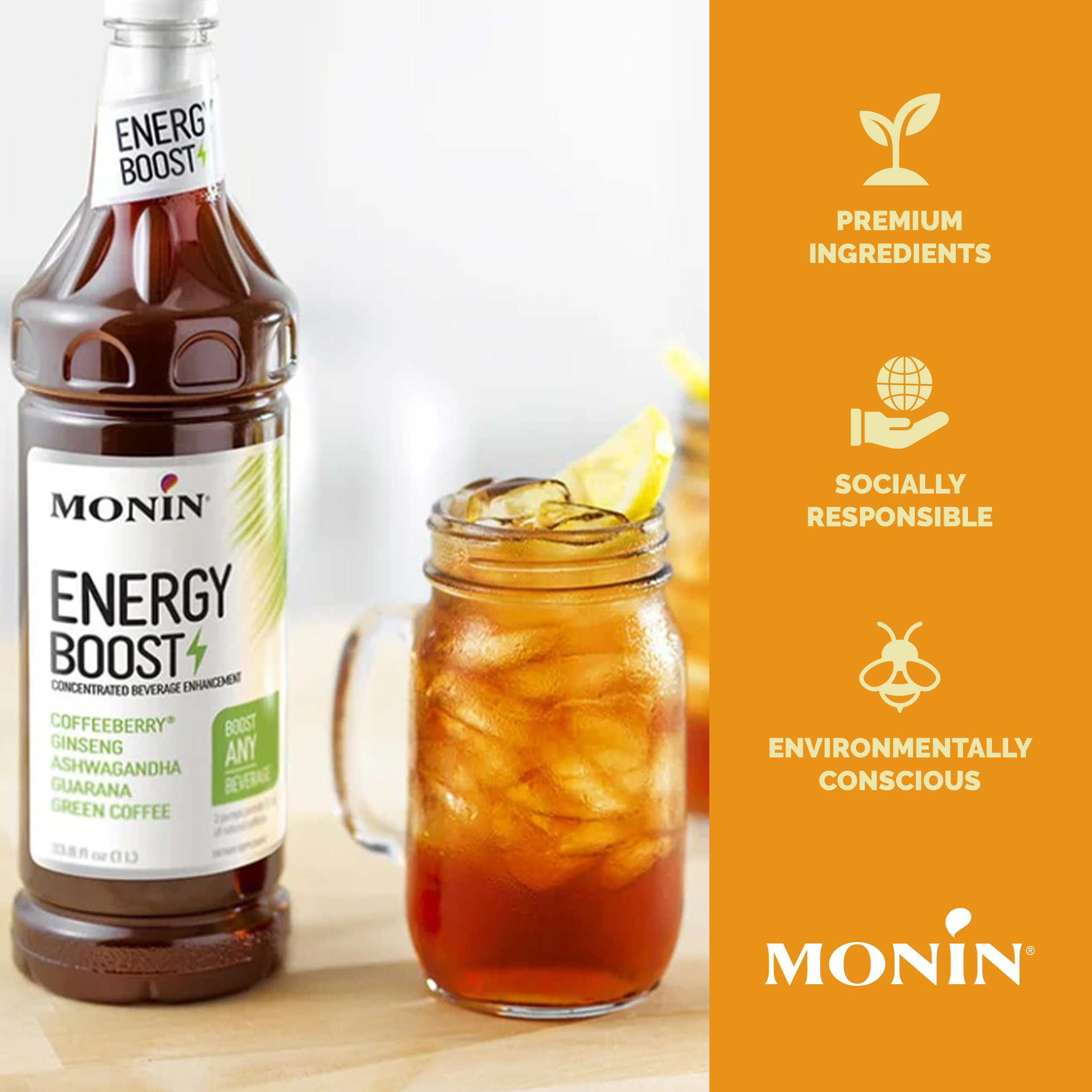 Iced coffee with Monin Energy Boost added showing enhanced beverage versatility