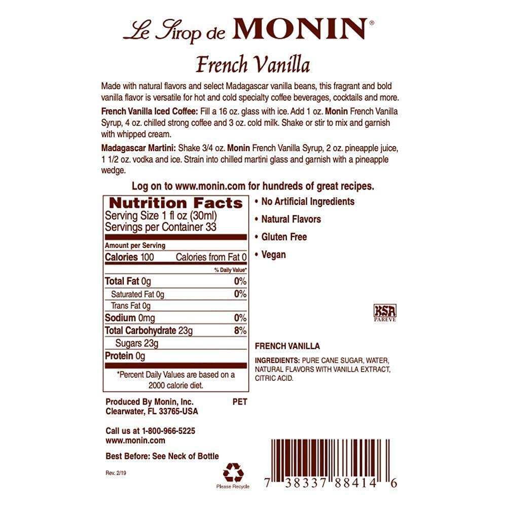Monin bottle beside a glass demonstrating size and 1-liter portion convenience