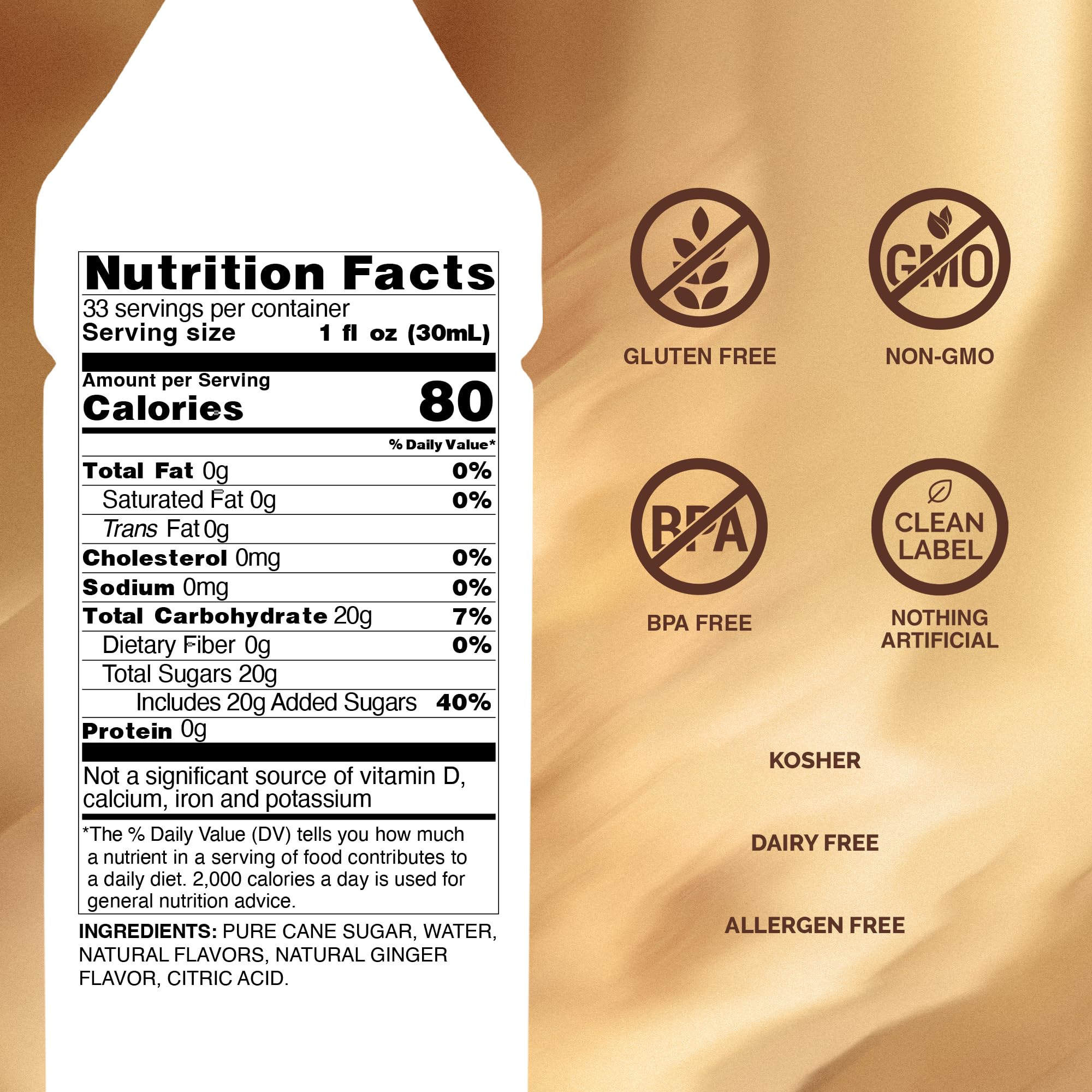 Monin ginger syrup close-up label detail highlighting ingredients and authenticity