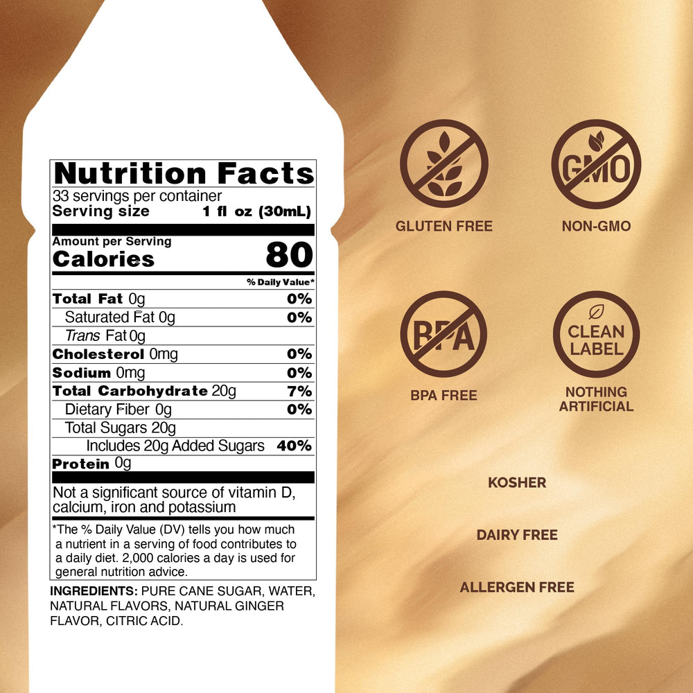 Monin ginger syrup close-up label detail highlighting ingredients and authenticity
